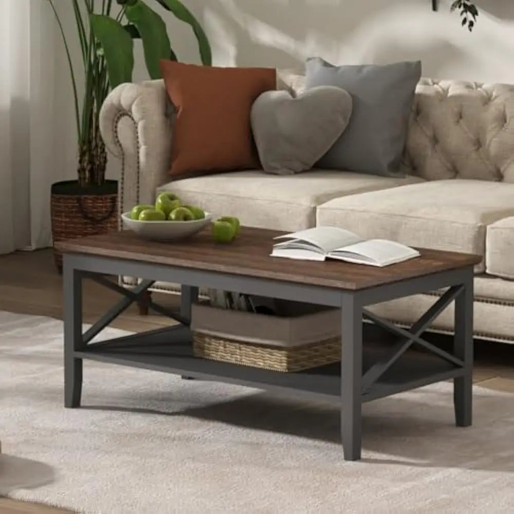 Espresso Wood Coffee Table with Storage Modern 40 Inch 2-Tier Design