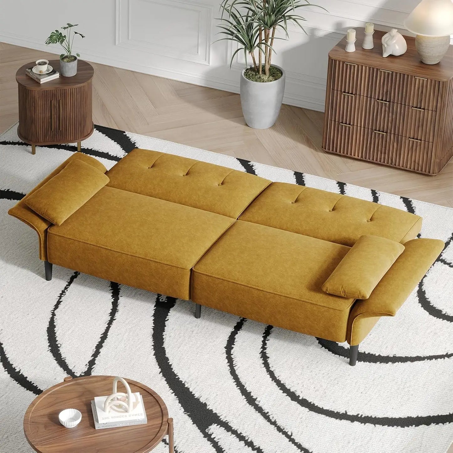 89" Convertible Futon Sofa Bed – Adjustable Back & Armrests, Yellow Sleeper Couch w/ Pillows