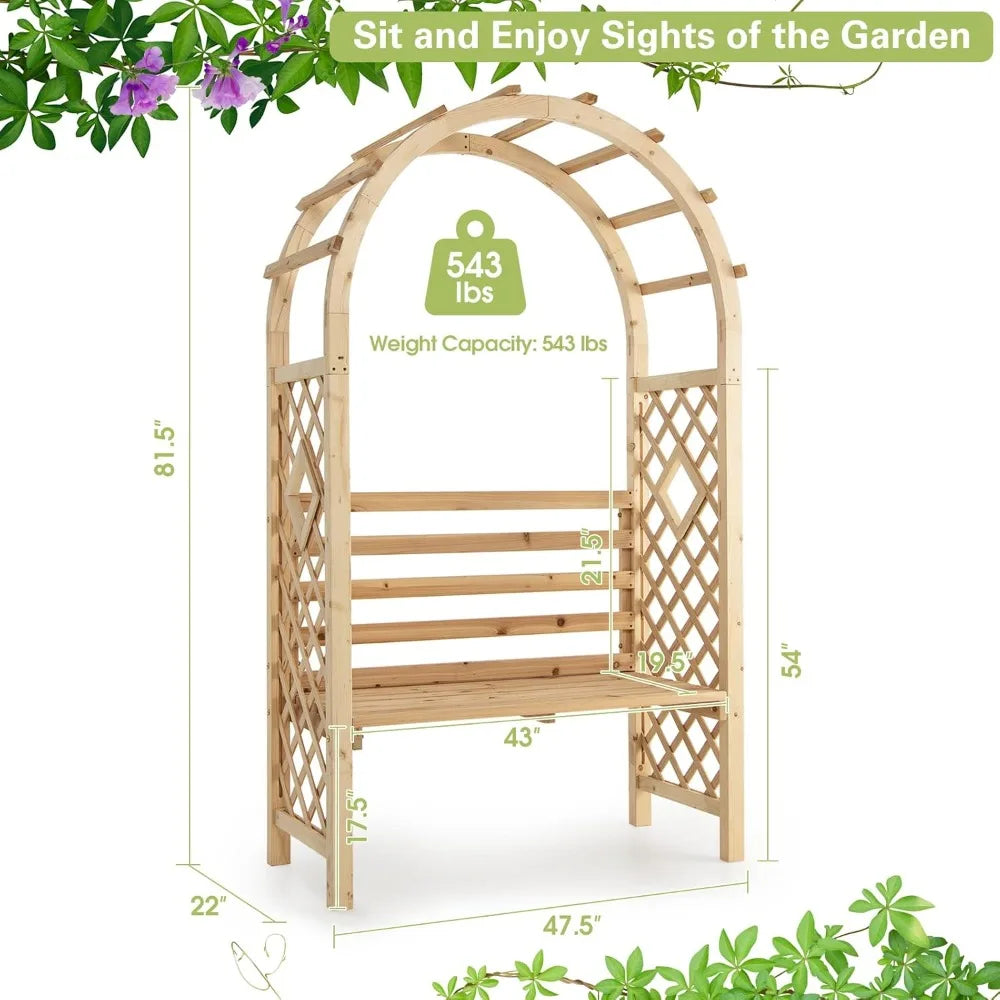 Ljustra 81.5 Inch Wooden Garden Arch with 2 Person Bench Outdoor Decor