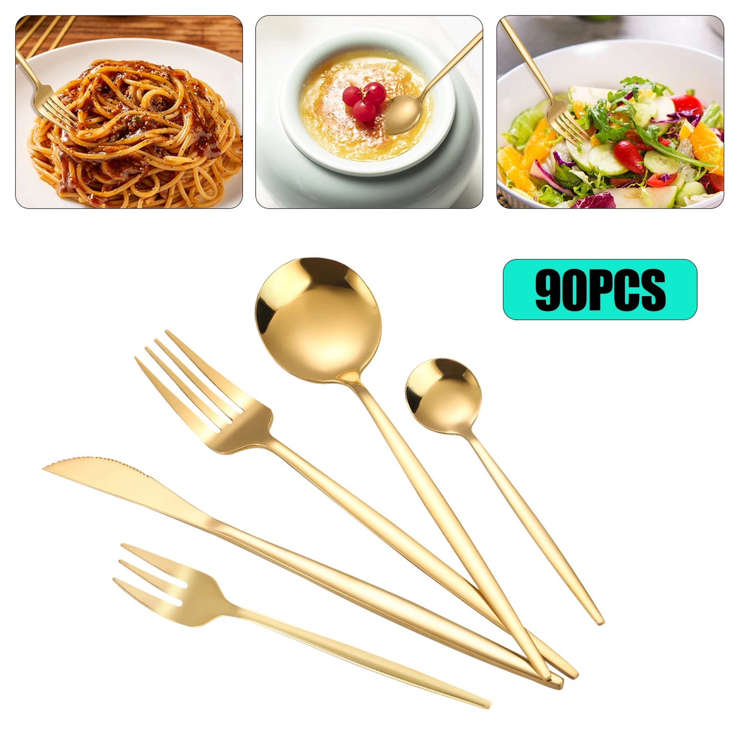 90Pcs Gold Stainless Steel Cutlery Set Heavy Duty Tableware Wedding Restaurant
