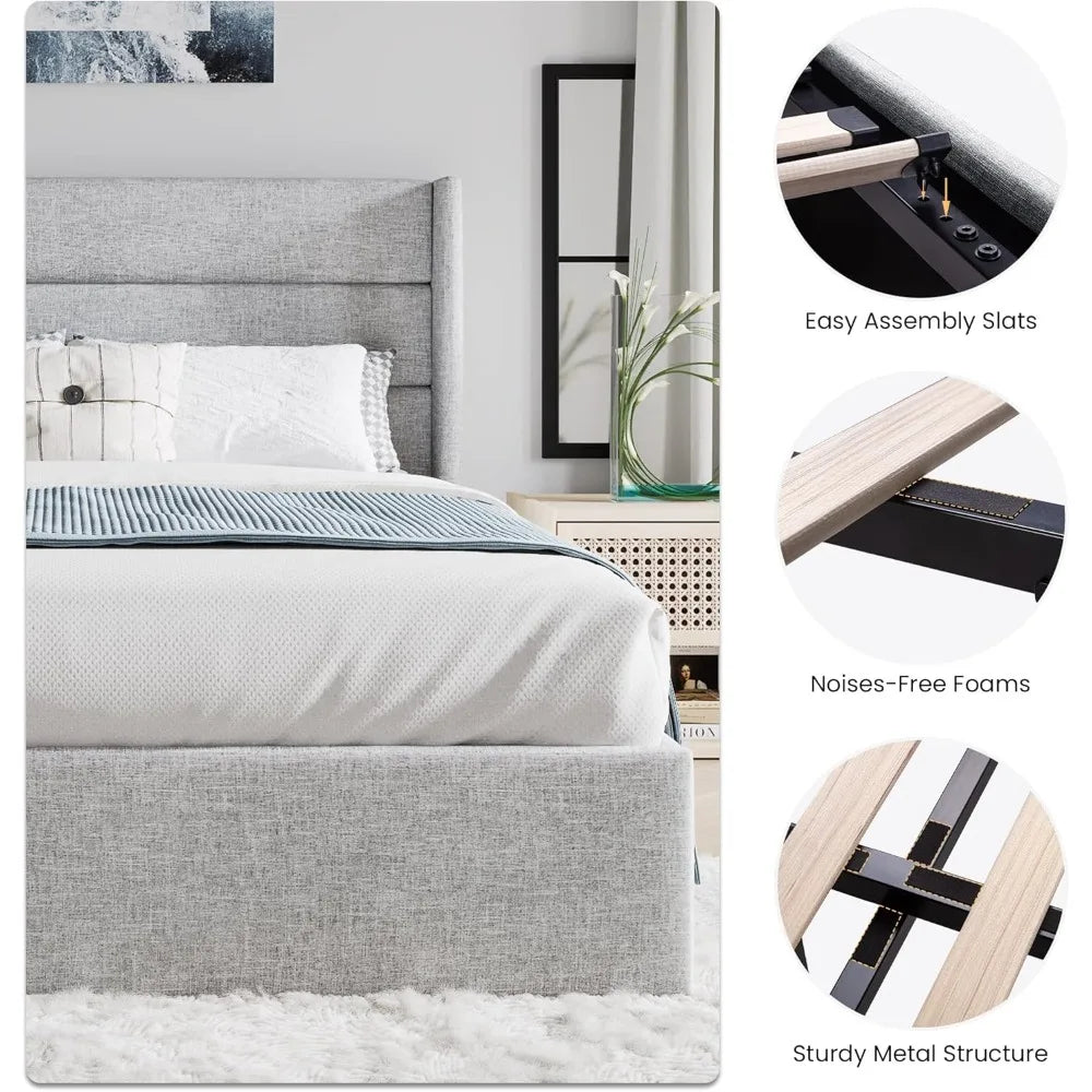 King Size Lift Up Storage Bed Modern Wingback Headboard Hydraulic