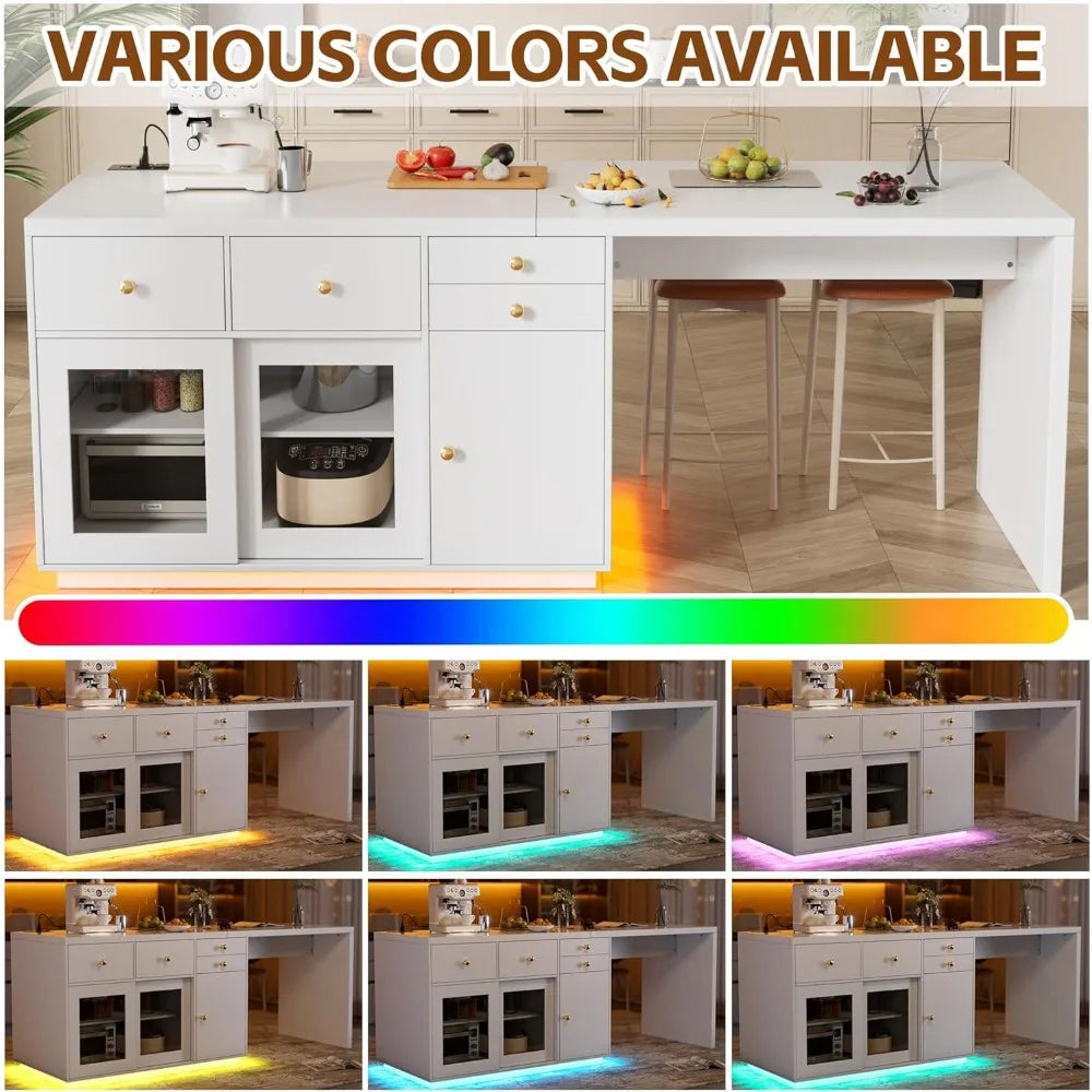 Kitchen Island with LED Light and Storage Drawers Breakfast Bar