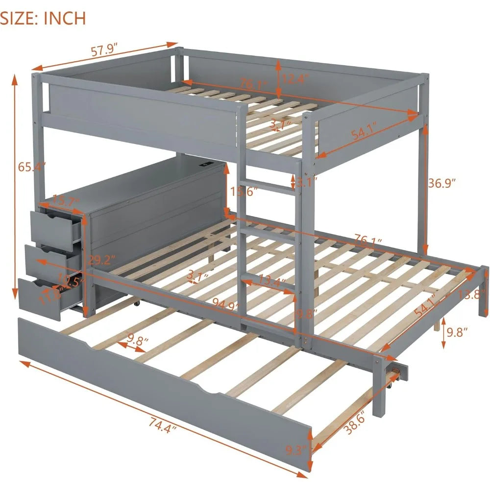Full Over Full Bunk Bed with Trundle and USB Ports for Kids Room