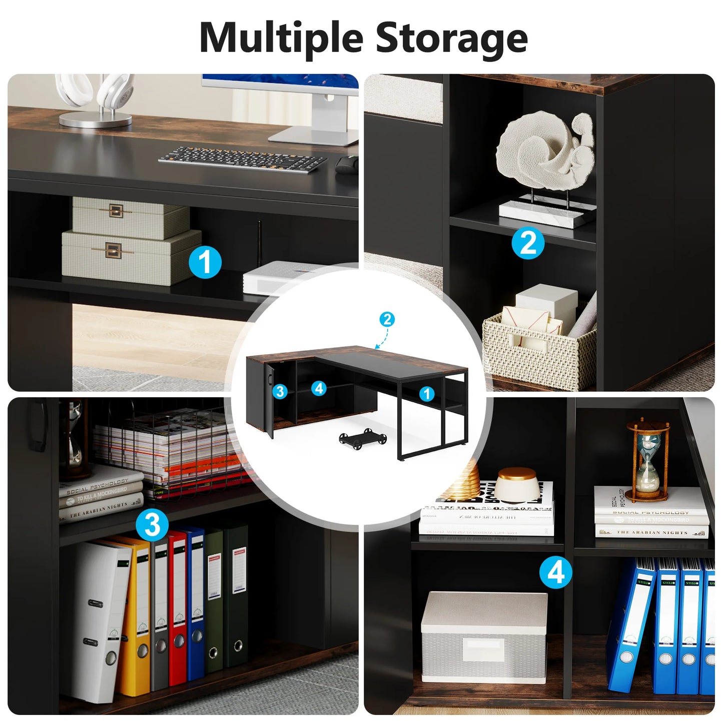 L Shaped Executive Desk with Storage Cabinet 71 Inch Office Furniture