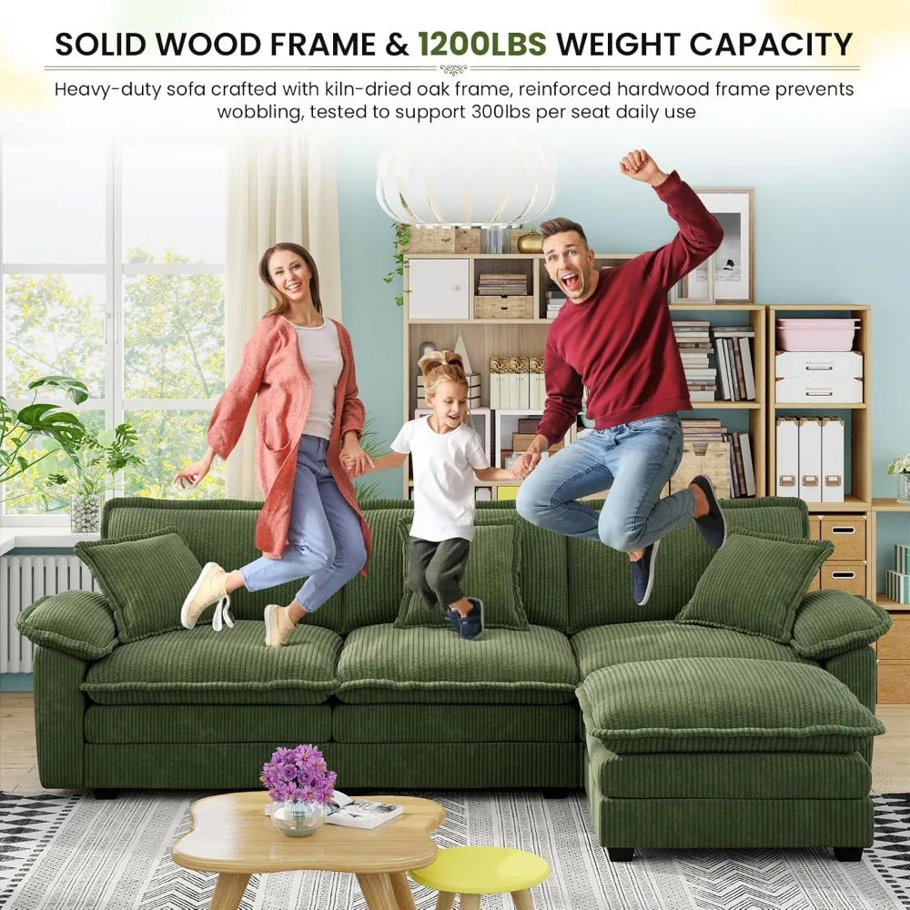 Comfy Corduroy Modular Sectional Couch with Ottoman 113" Cloud Cushion