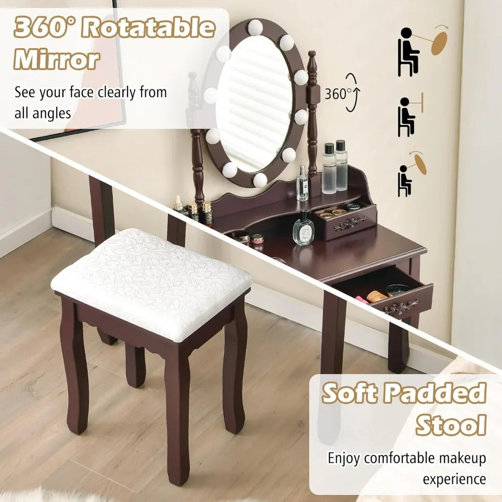 Vanity Table Set Lighted Mirror Adjustable Brightness Makeup Desk