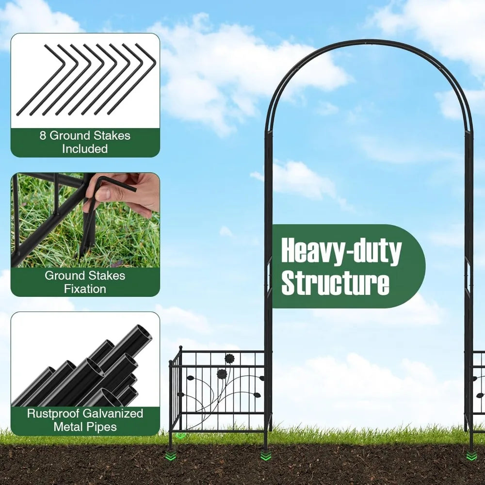 Garden Arbor Metal Archway Pergola with Side Planters and Ground Stakes