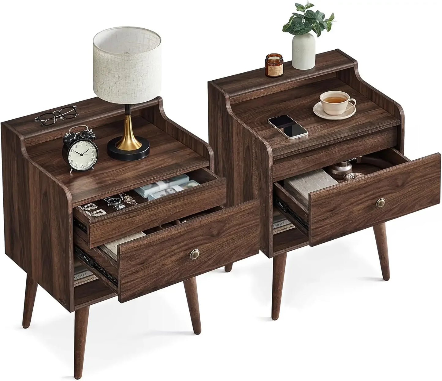 Nightstands Set of 2 Mid-Century Bedside Tables with Hidden Drawers
