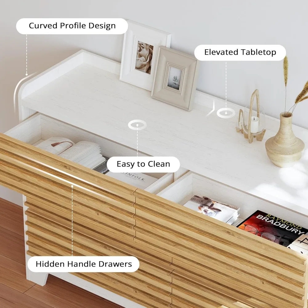 Fluted Dresser 59" Wide Wood Chest with 6 Drawers and Hooks for Bedroom