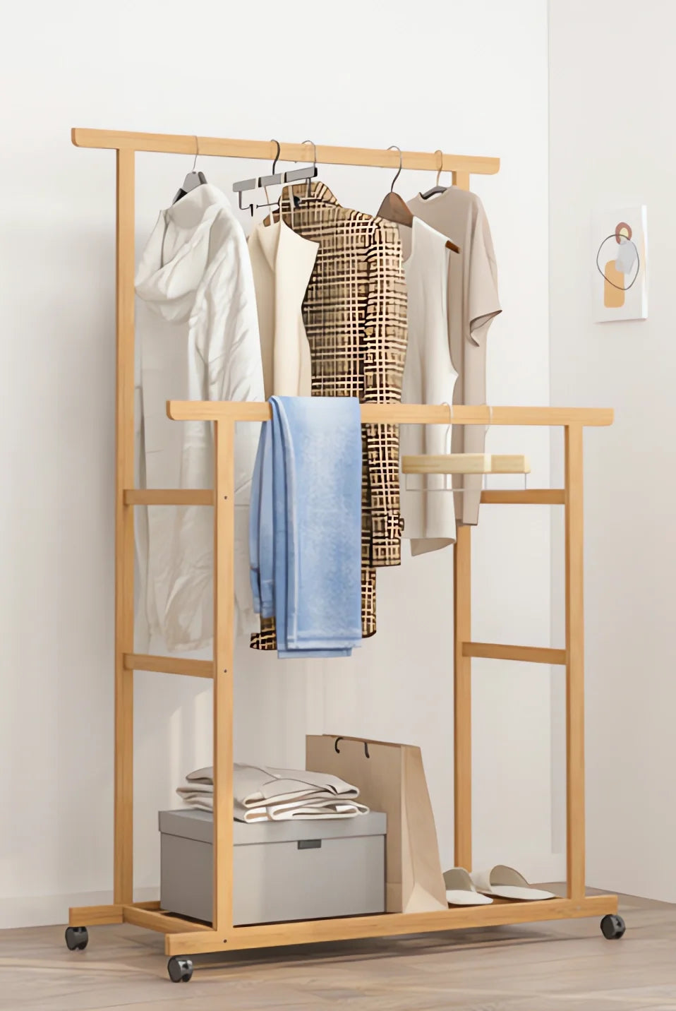Bamboo Clothes Rail Rack Double Hanging Rails Free Standing Garment Rack