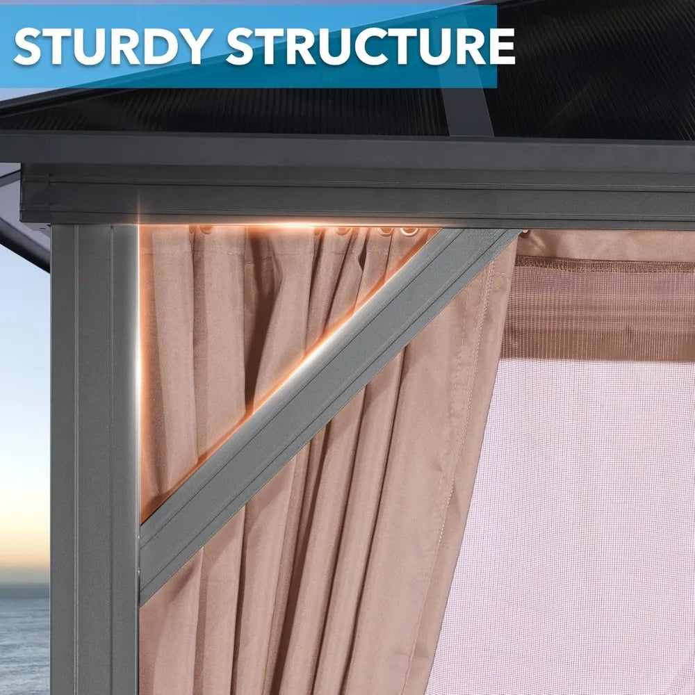Ljustra 10X13FT Outdoor Gazebo Hardtop Canopy with Netting & Curtains