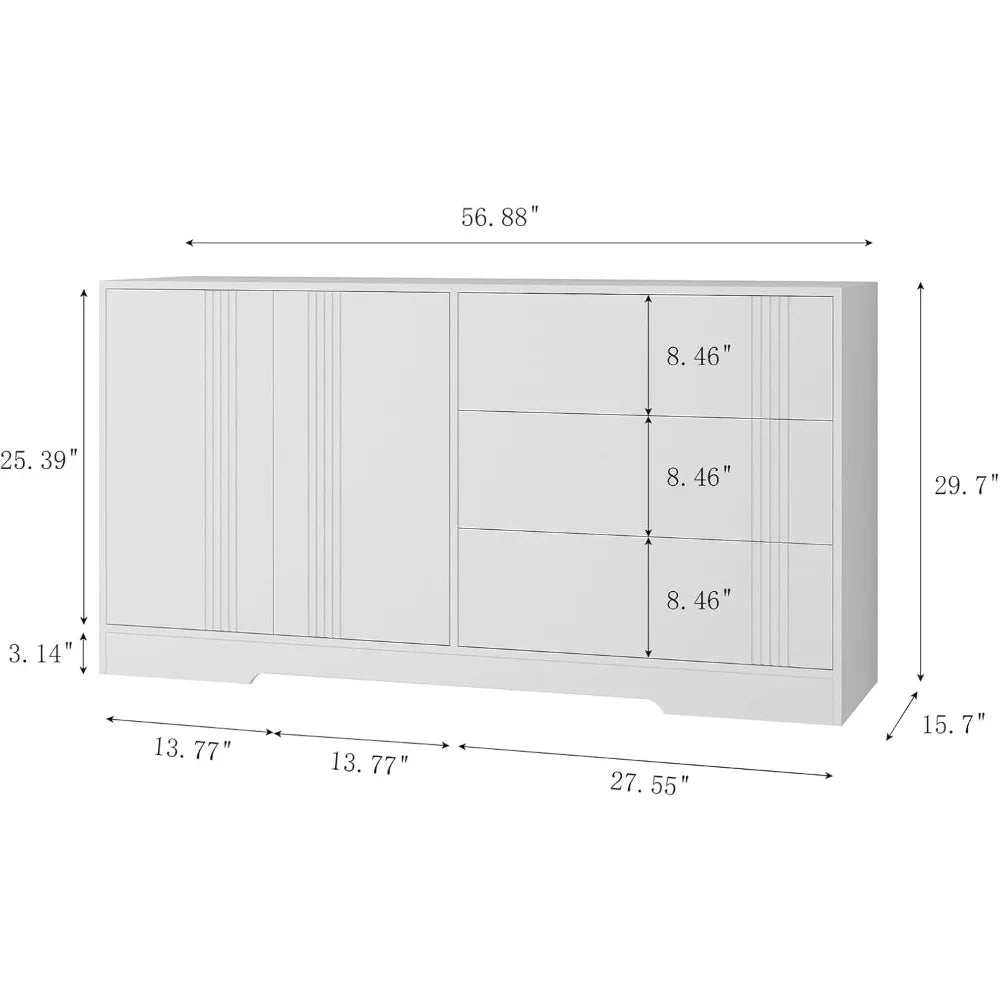 White Sideboard Buffet Storage Cabinet 3 Drawers 2 Doors Kitchen Entryway