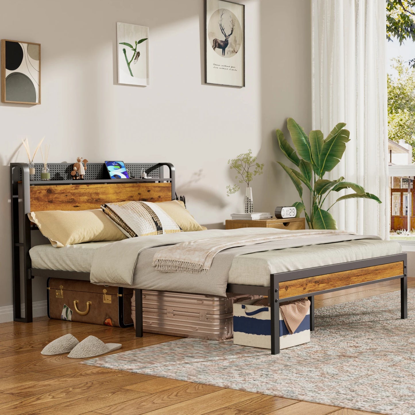 Full Queen Bed Frame with Charging Station LED Lights Storage Headboard