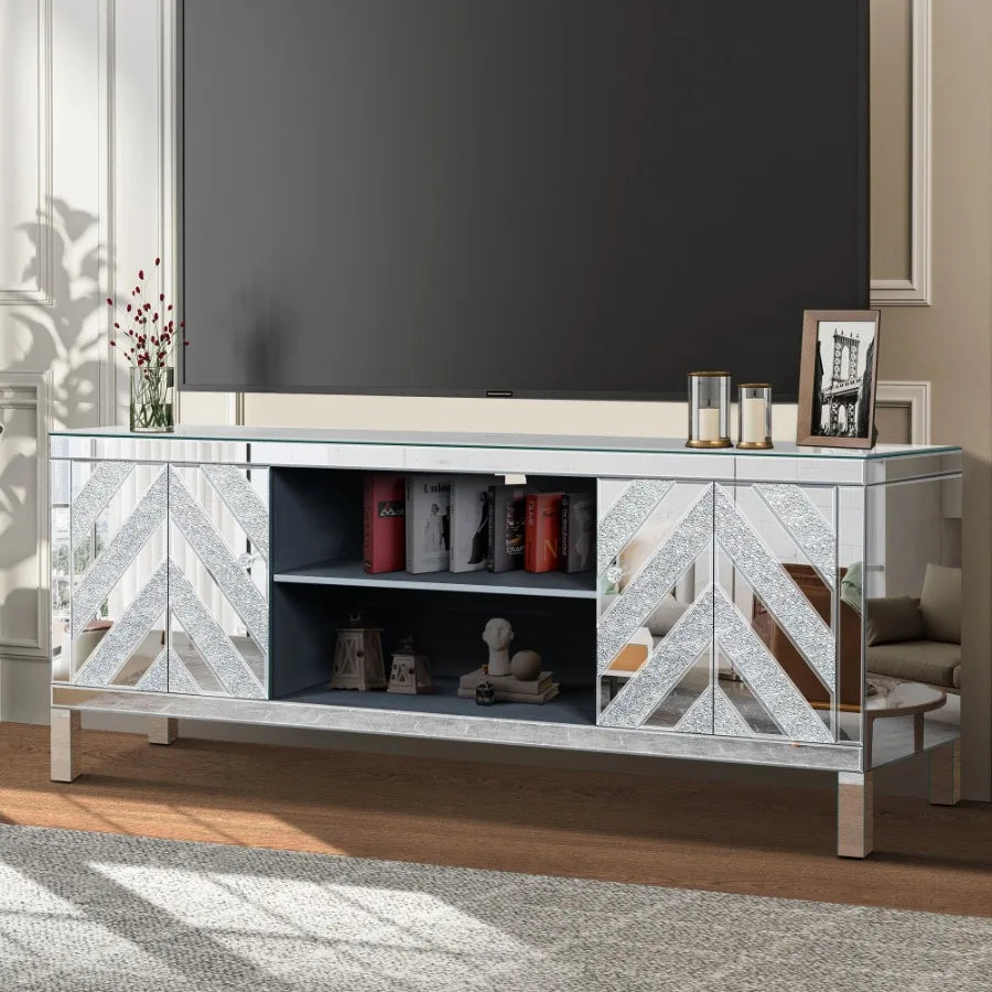 Mirrored TV Stand for 65 Inch TV Console Table with Storage Cabinets