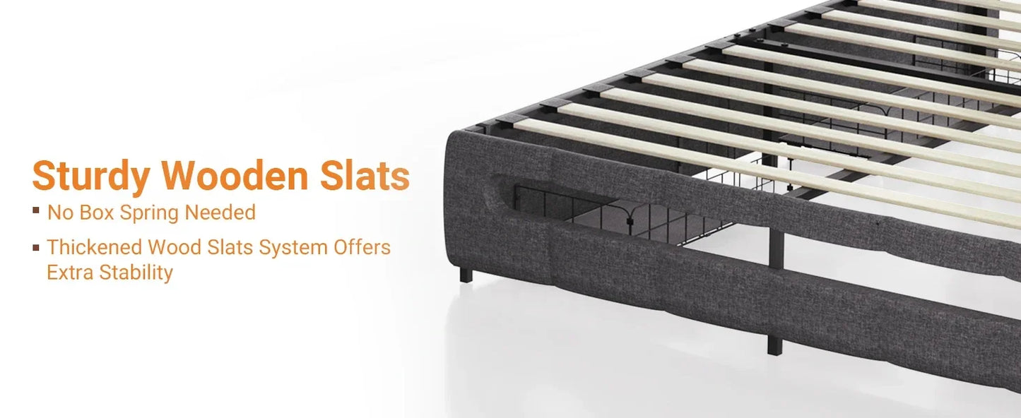 Ljustra Upholstered Full Bed Frame with Storage Headboard and LED Light