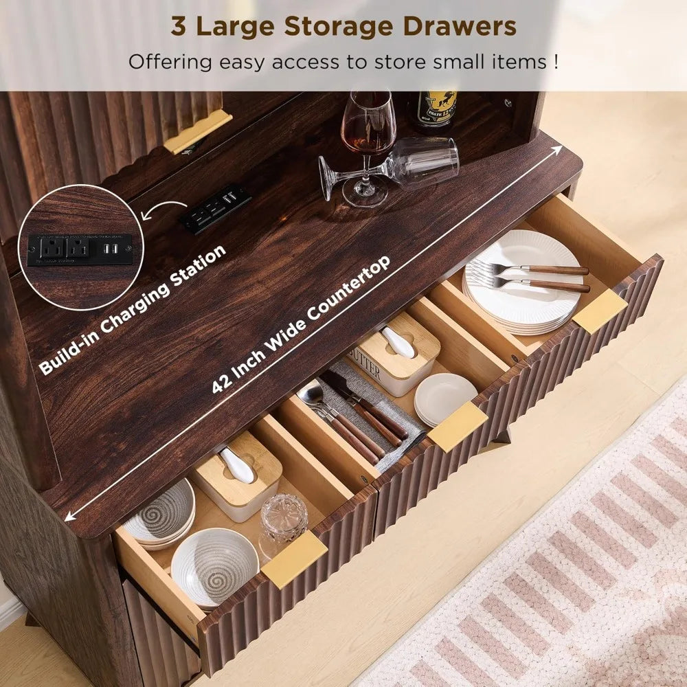 72 Inch Modern Wood Wine Bar Cabinet Storage Hutch with LED Lights