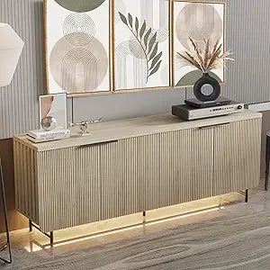 Large Fluted Sideboard Buffet Cabinet with LED Light Adjustable Shelves