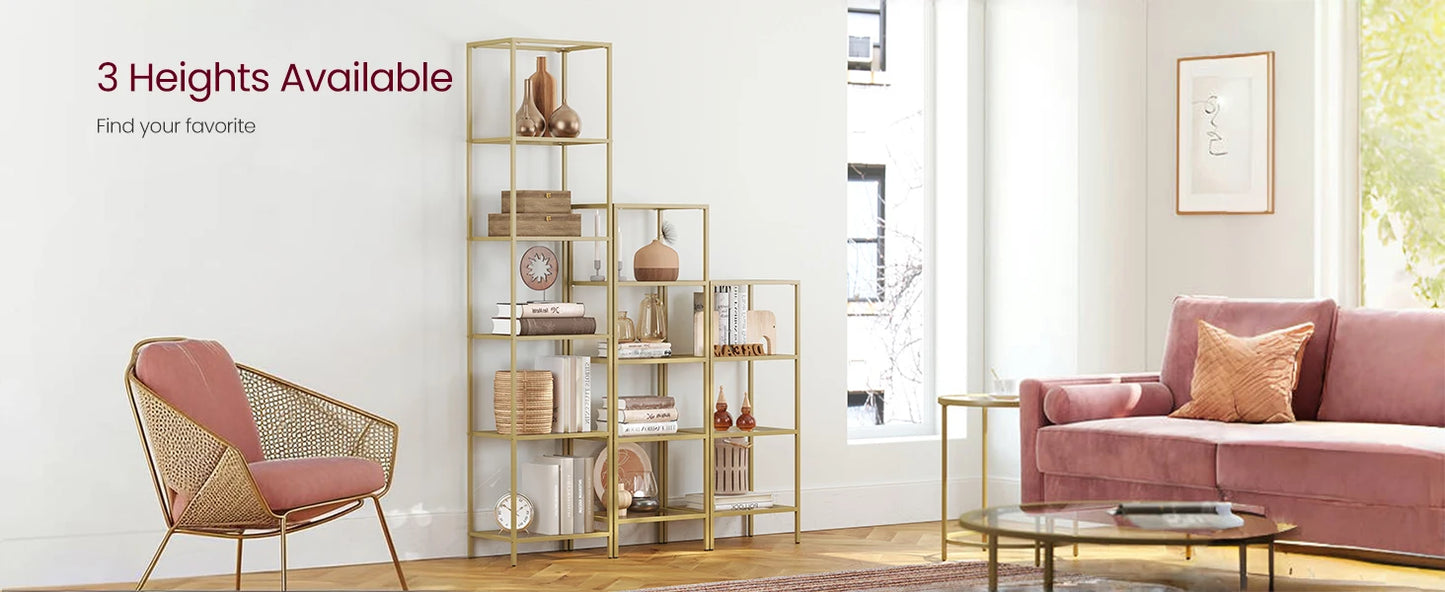 Ljustra 6-Tier Slim Bookshelf Tempered Glass Steel Frame Modern Design