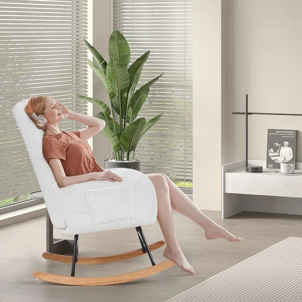 Rocking Chair Nursery Upholstered Glider Armchair High Backrest Padded Seat