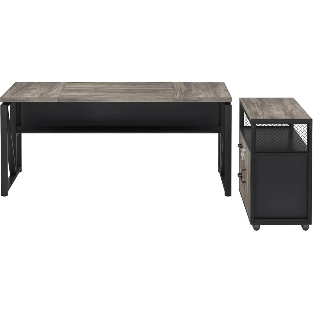 L Shaped Computer Desk Mobile File Cabinet Executive Office Furniture Set