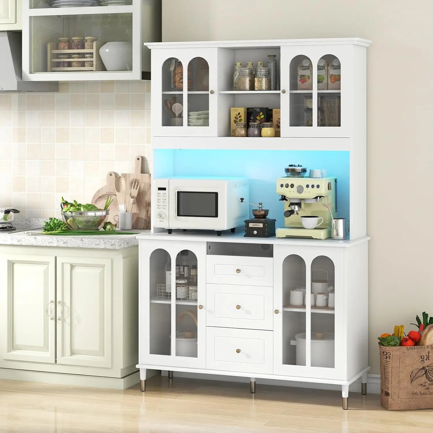 Large Kitchen Pantry Cabinet Buffet Hutch with LED Lights and Drawers