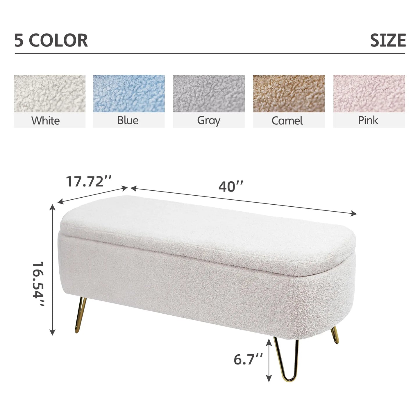 40 Inch Boucle Sherpa Ottoman Bench Storage Upholstered Gold Legs