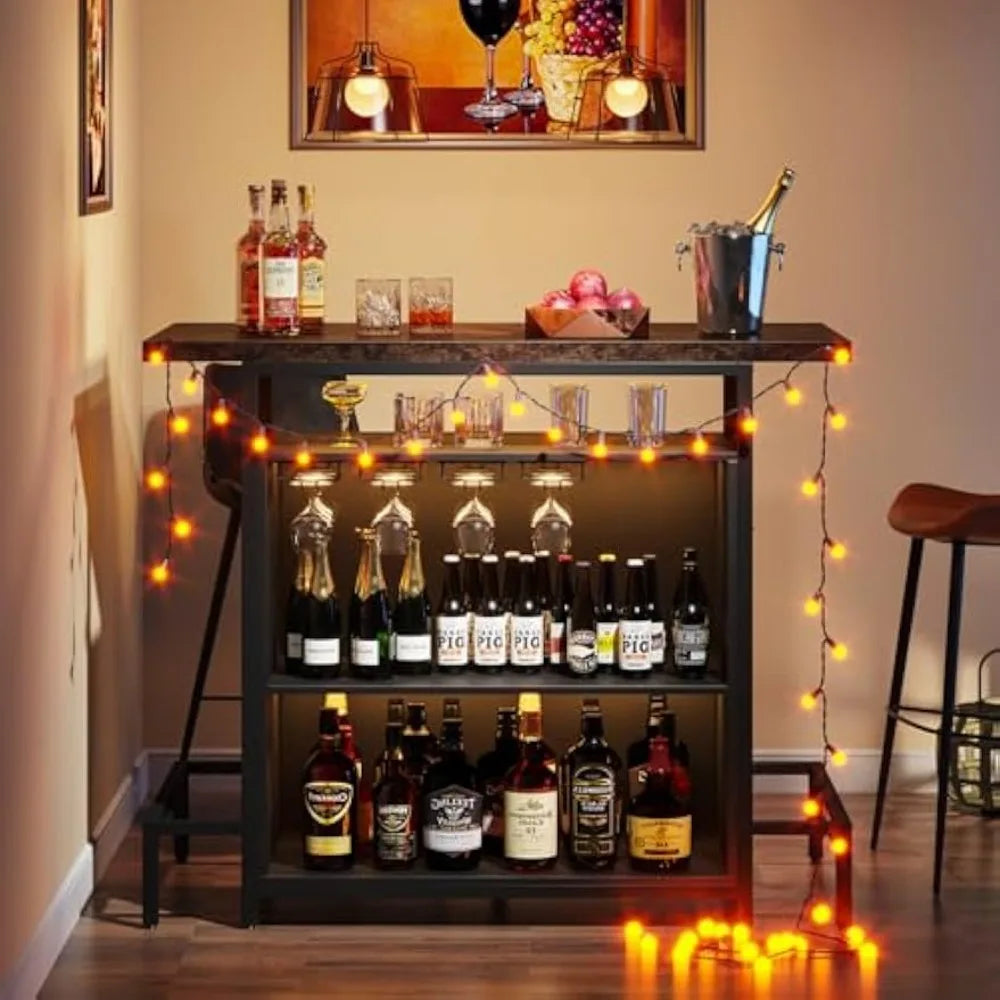 Industrial Home Bar Unit 3-Tier Liquor Table with Stemware Racks