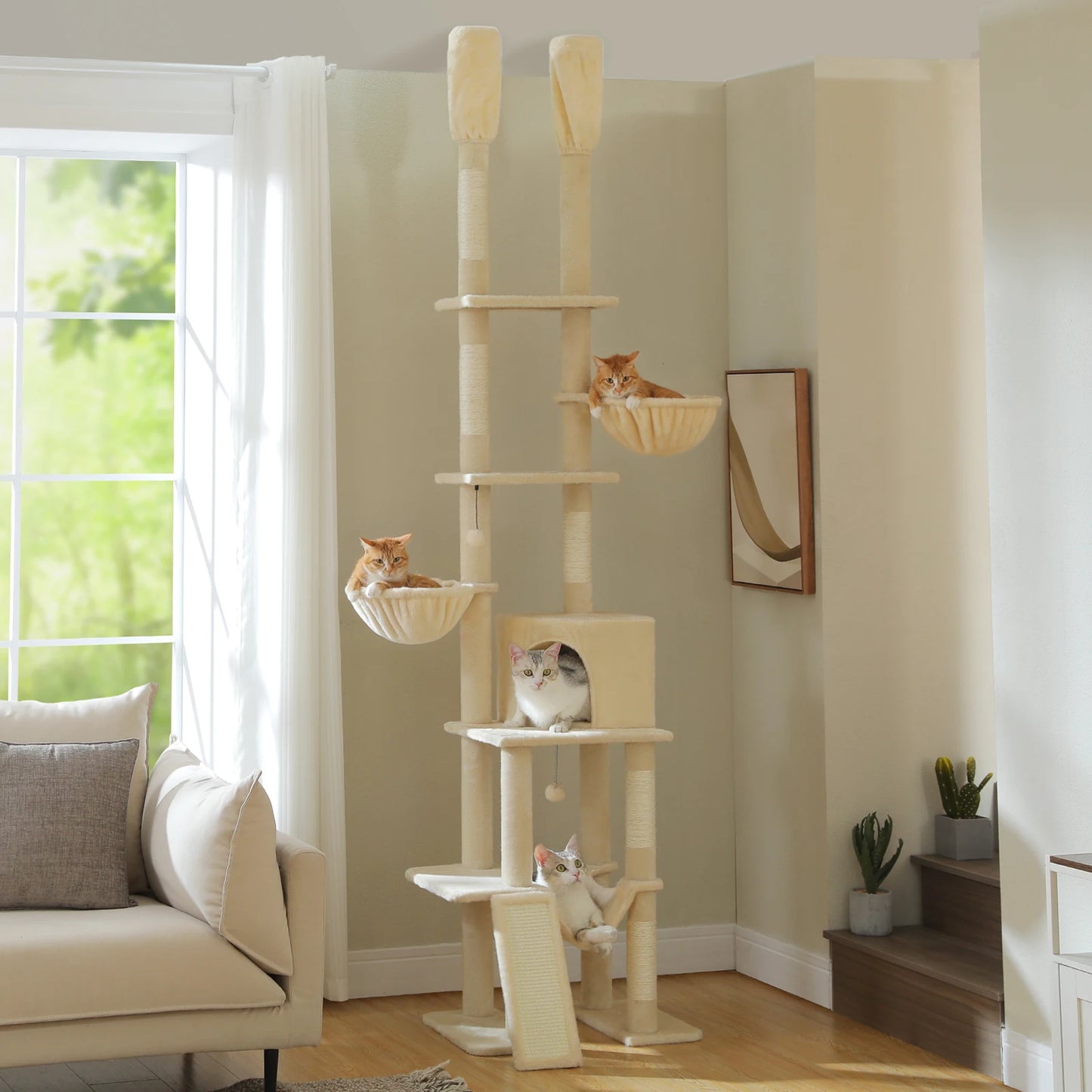 Cactus Cat Tree Floor to Ceiling Cat Tower 7 Tiers with Hammocks and Scratching Posts