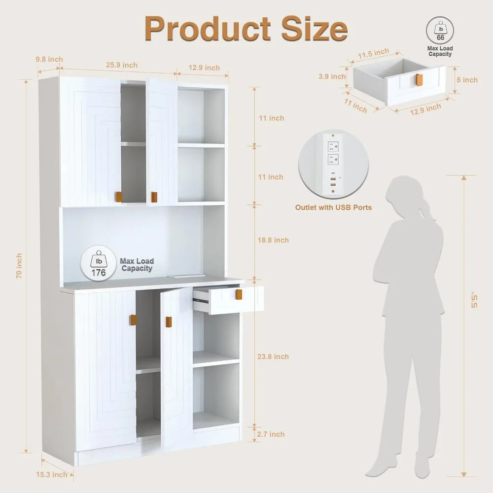 Kitchen Pantry Cabinet with Countertop Power Outlet Adjustable Shelves