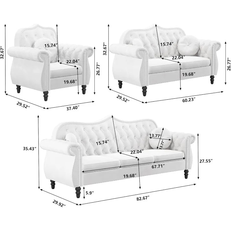 Chesterfield 3-Piece Sofa Couch Classic Tufted Living Room Office
