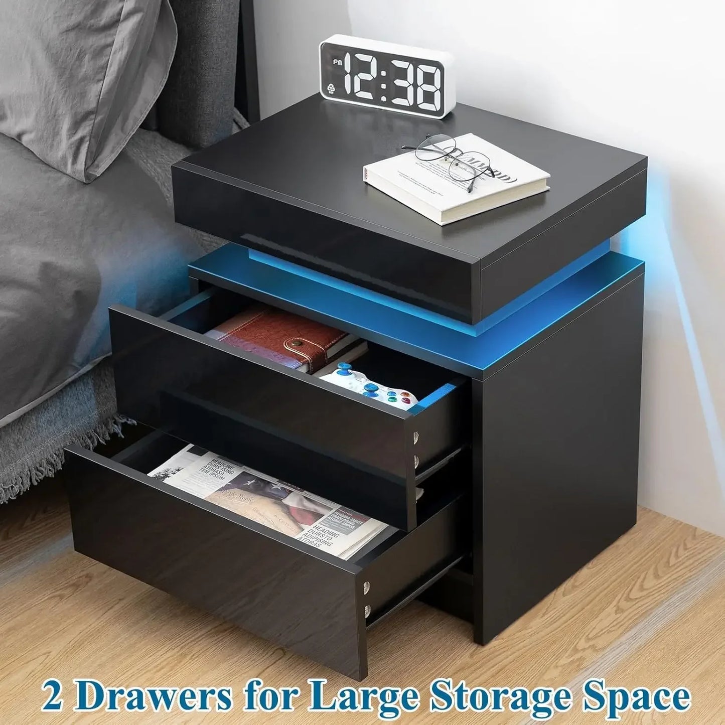 LED Nightstand Modern Night Stand with 2 Drawers and Smart Lighting
