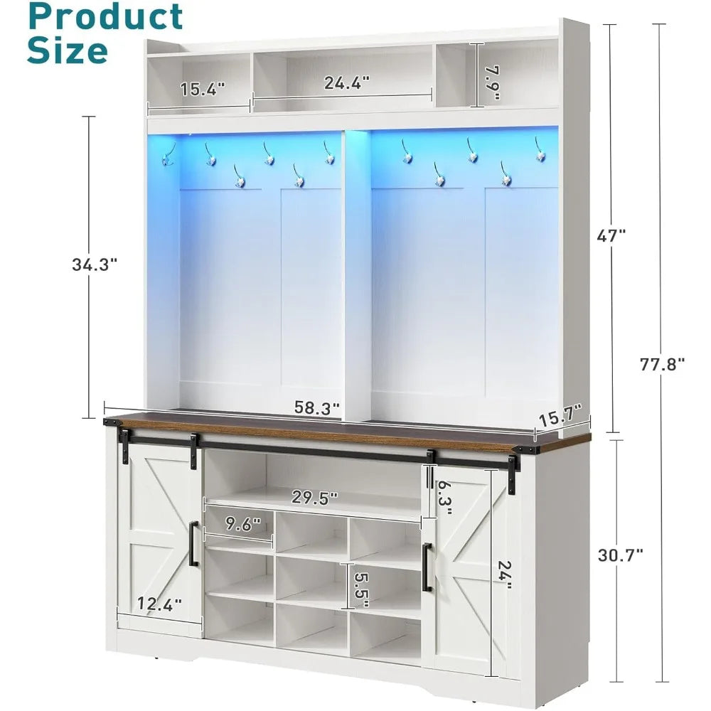 Farmhouse 58-Inch Entryway Hall Tree with LED Lighting Storage Bench