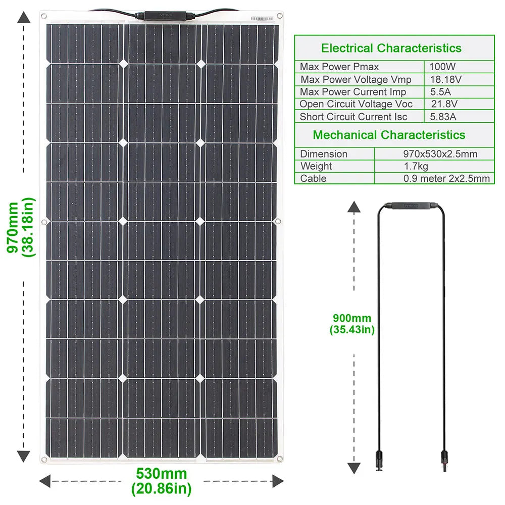 100W 12V Flexible Solar Panel Kit Monocrystalline Waterproof RV Camping