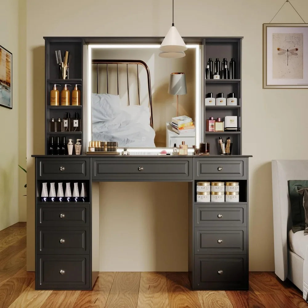 Black Vanity Desk with Lighted Mirror and 9 Storage Drawers for Makeup