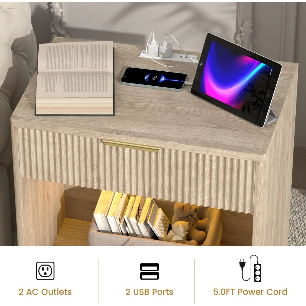 Fluted Nightstand with Charging Station 23" Wide Modern Bedside Table