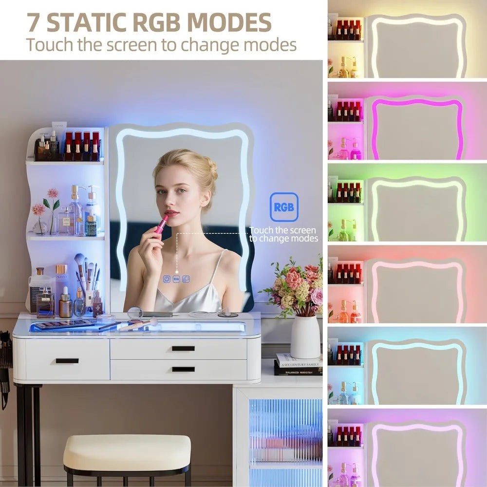Large Makeup Vanity Desk with Mirror RGB Lights Charging Station