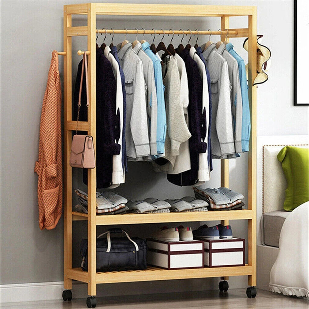 Bamboo Garment Rack with Wheels Multifunctional Clothing Organizer
