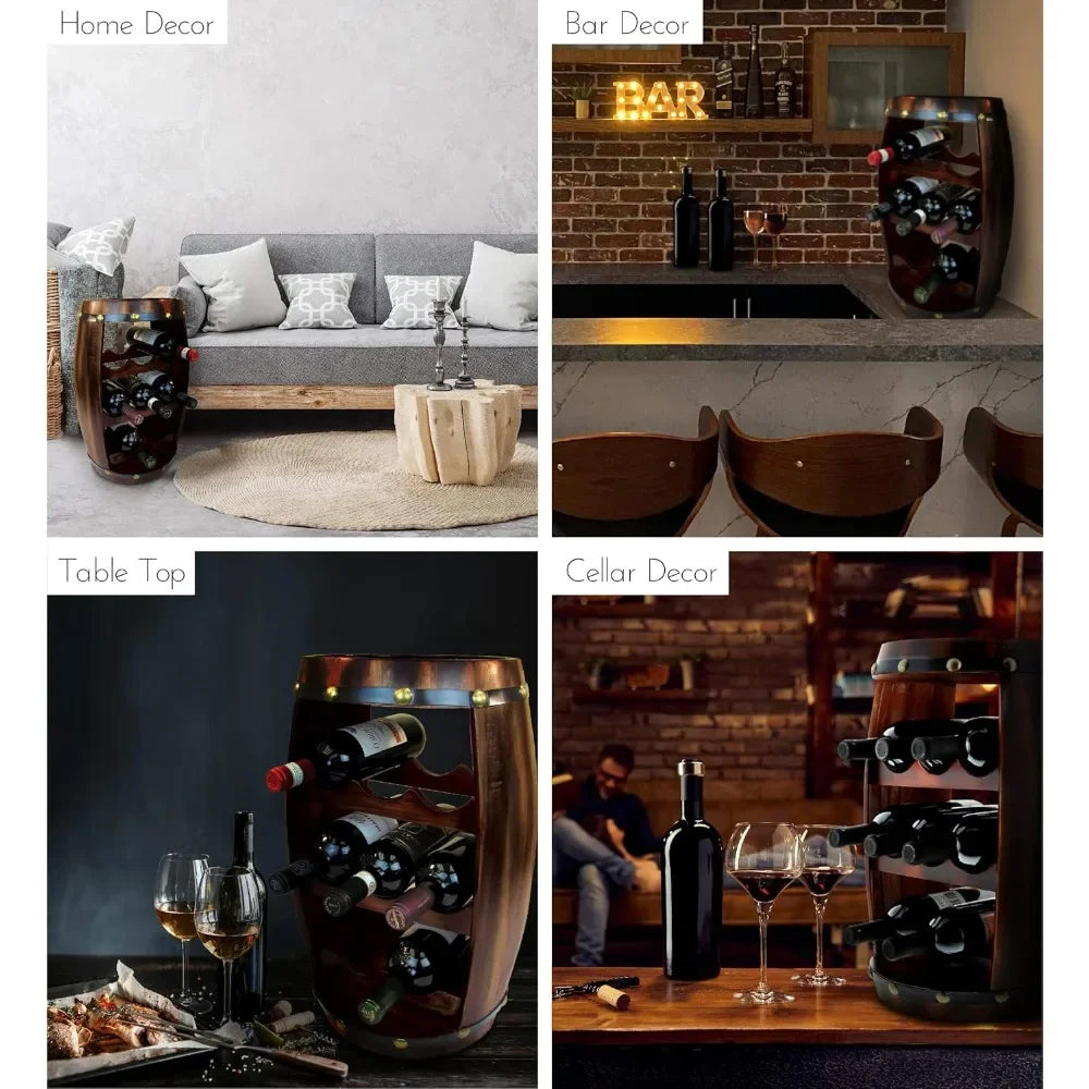 Ljustra Wooden Barrel Wine Rack 8 Bottle Freestanding Storage Display