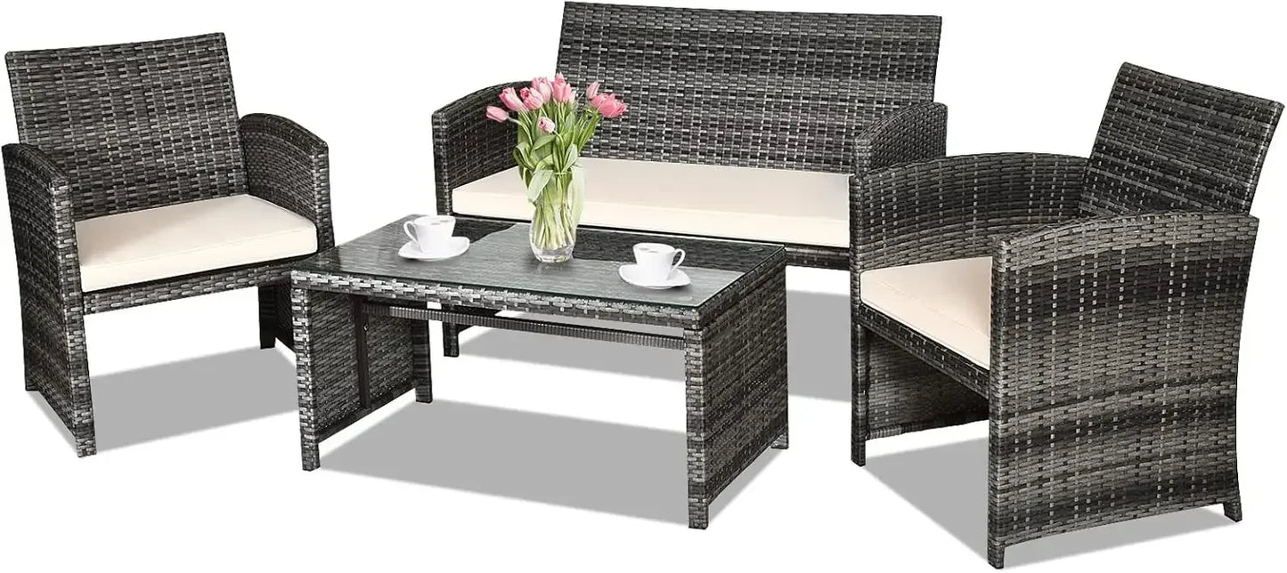4-Piece Rattan Patio Furniture Set Outdoor Wicker Sofa Coffee Table