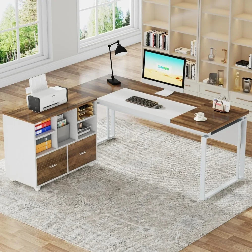 L-Shaped Executive Desk with Reversible File Cabinet Office Desk Set