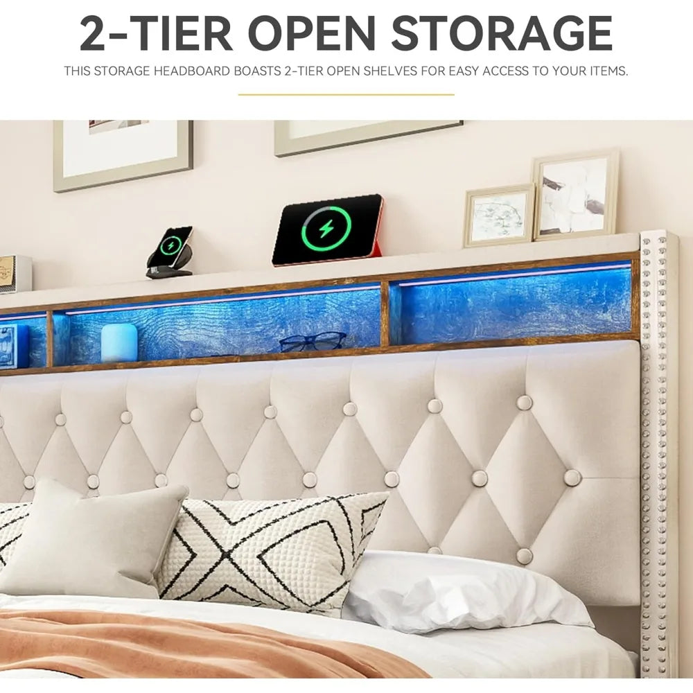 Ljustra King Bed Frame Upholstered Headboard LED Lights Charging Station