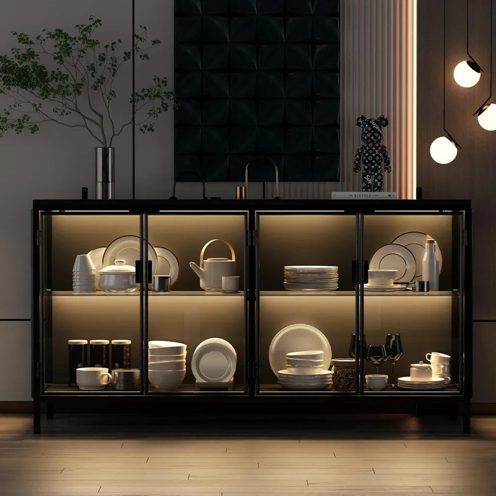 Sideboard Display Cabinet with Glass Doors and LED Lights Buffet Storage