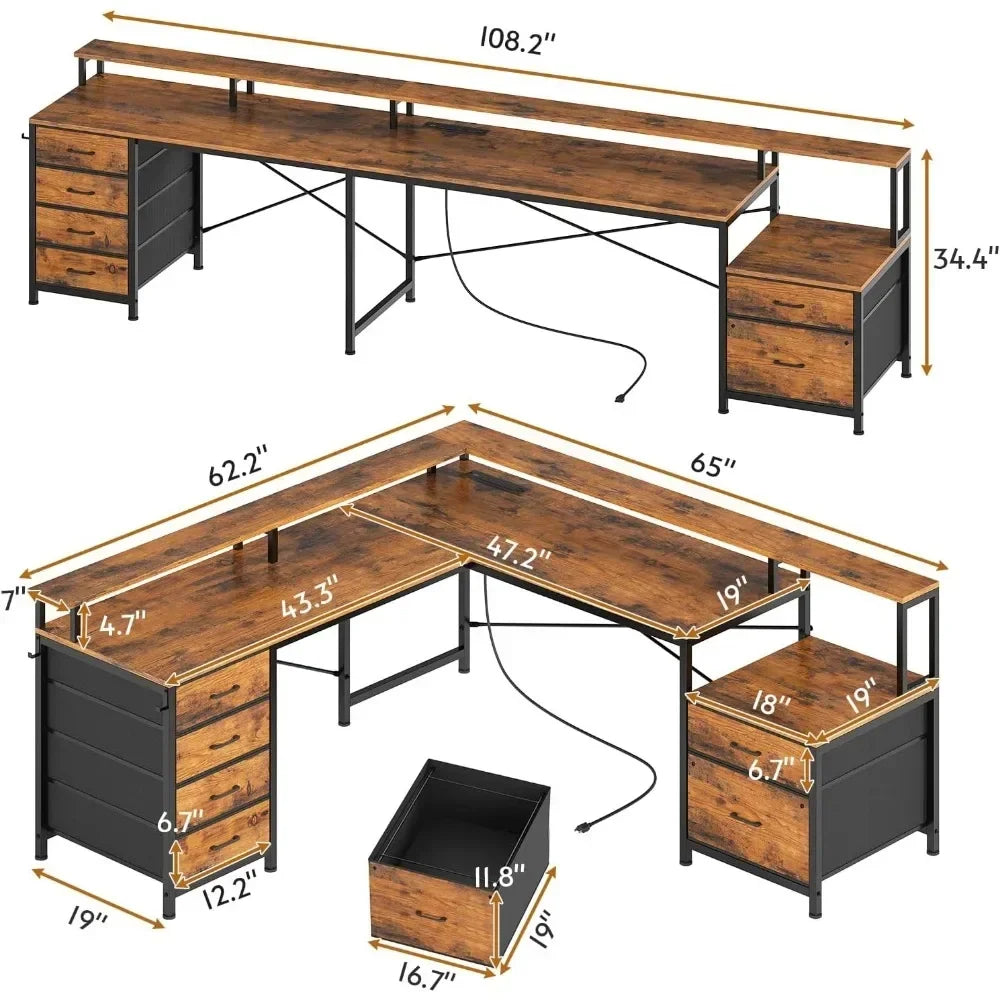 L-Shaped Office Desk with Monitor Rack and 6 Drawers for Home Office