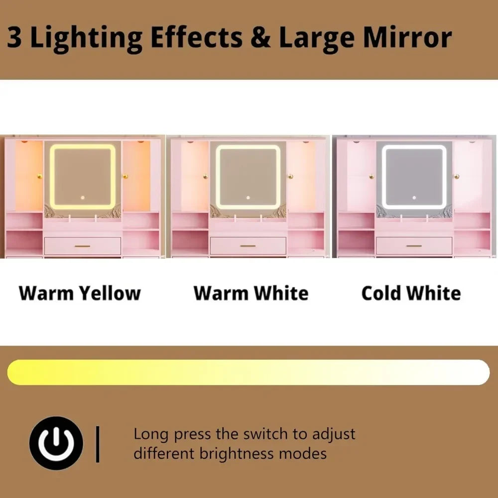 Makeup Vanity with LED Mirror Chair 7 Drawers RGB Cabinets White