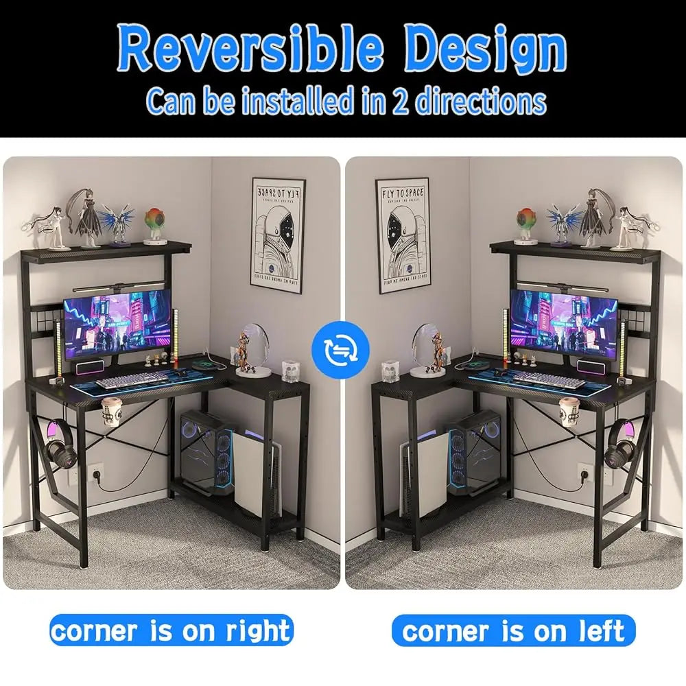 42 Inch L Shaped Gaming Desk with Power Outlets LED Lights Cup Holder