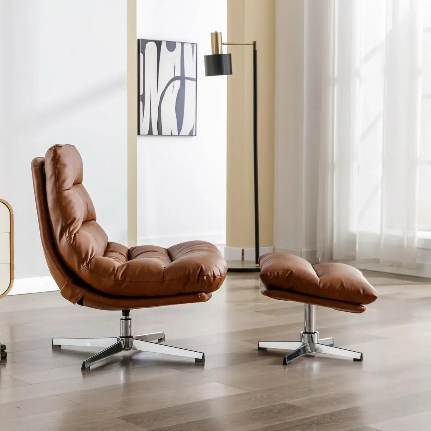 Swivel Accent Chair with Ottoman Mid Century Modern Lounge Chair Brown