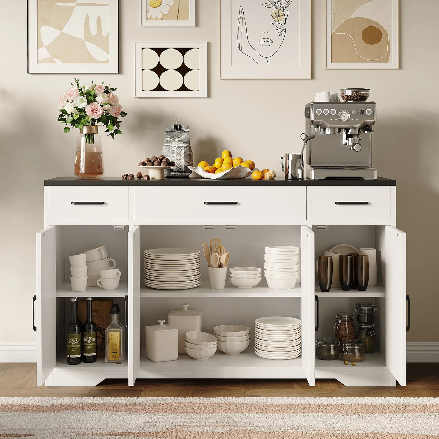 Buffet Cabinet with Storage 55 Inch Sideboard with 3 Drawers 4 Doors