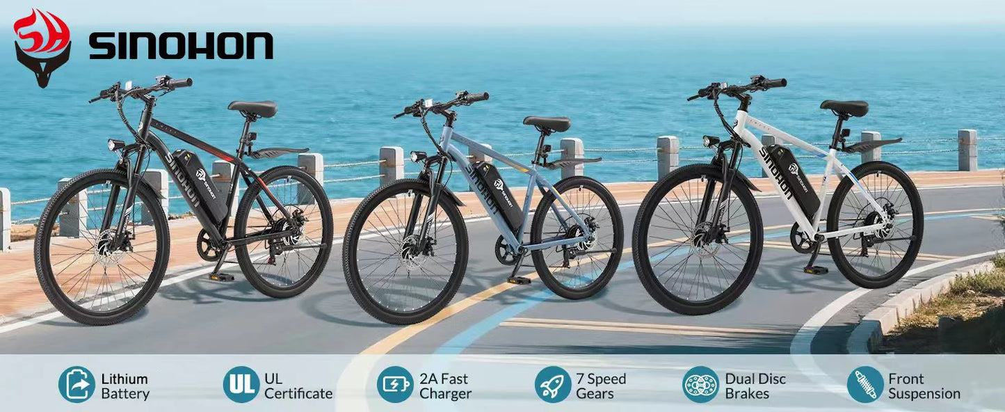 26" Electric Bike 500W Motor 375Wh Battery 20MPH 7-Speed Gears