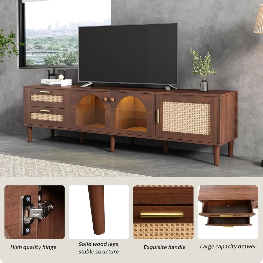 Rattan TV Stand LED Lights 70" Entertainment Center 3 Cabinets 2 Drawers