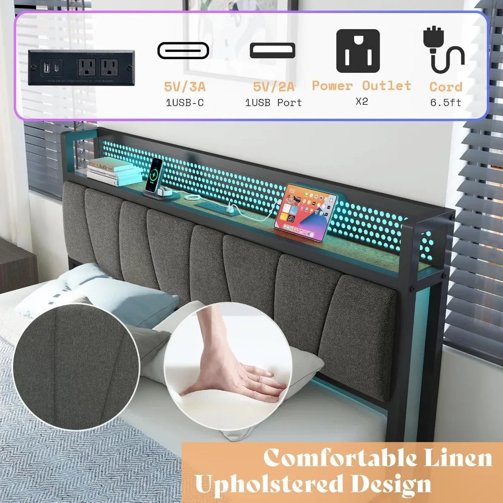 Ljustra Queen Size Lift Up Bed Frame with LED Light Storage Headboard